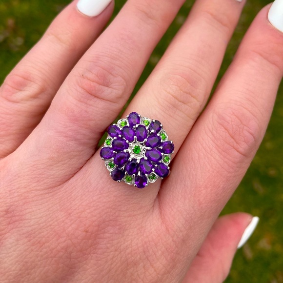 Jewelry - Amethyst and Chrome Diopside Cluster Ring Size 7.75 on Silver & 14k Gold Plating